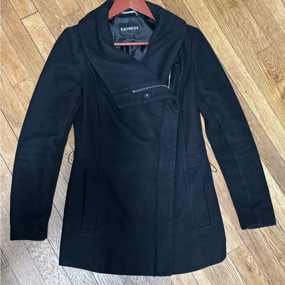 Express Black Peacoat with Asymmetrical Zipper
